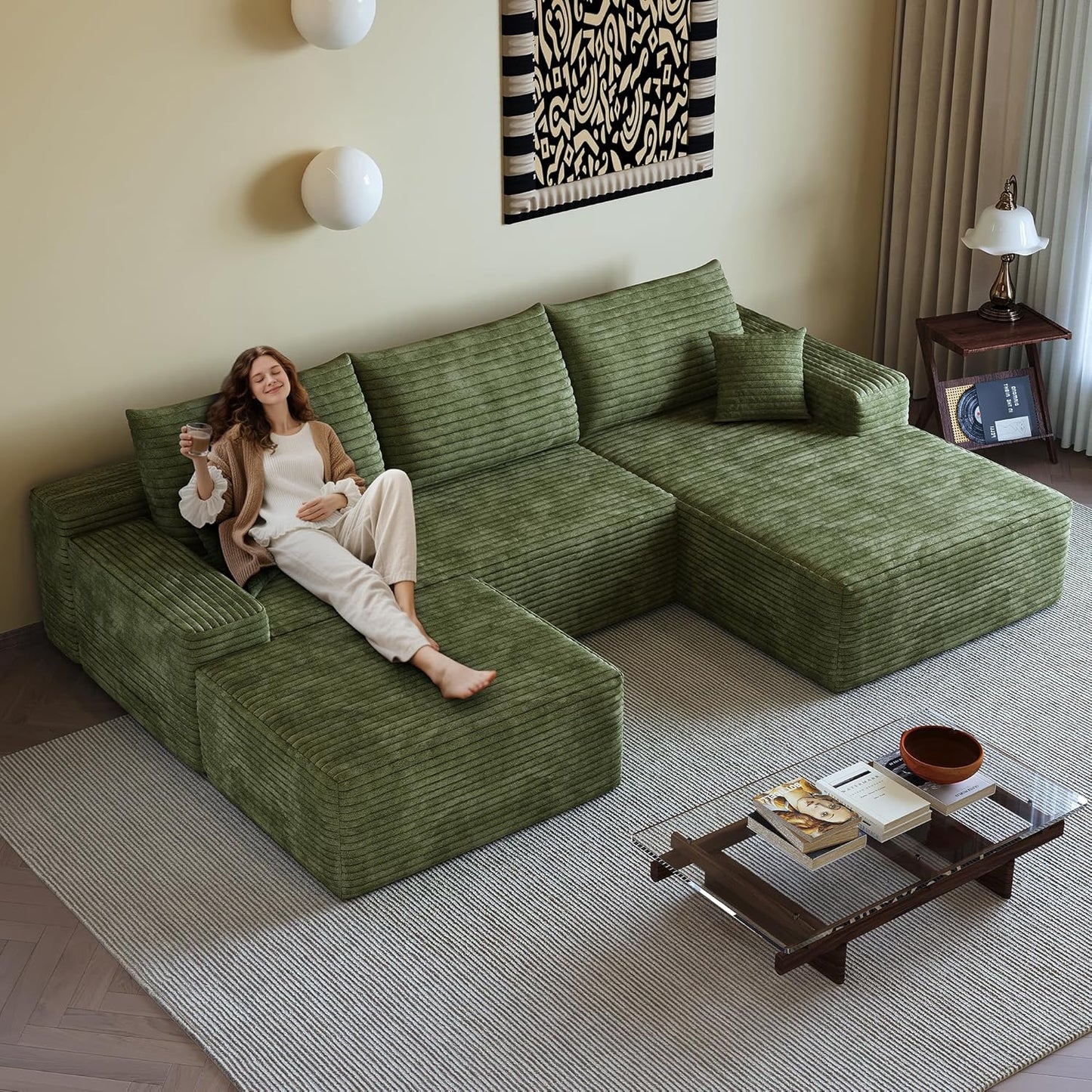 108" Sectional Couches for Living Room Modern Modular Sofa with L-Shape Couchs Upholstered Boneless Couch Deep Seat Sectional Couch with Chaise (Green, Right Facing Chaise+2Seaters+1Ottoman)