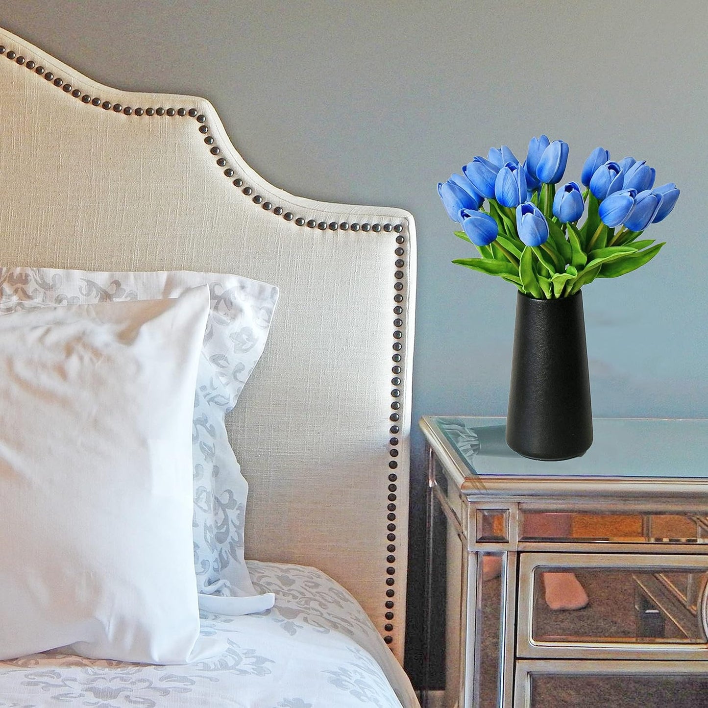 Mandy's Artificial Tulips 20 Stems Light Blue PU Faux Flowers for Wedding Home Decor 13.5 Inch