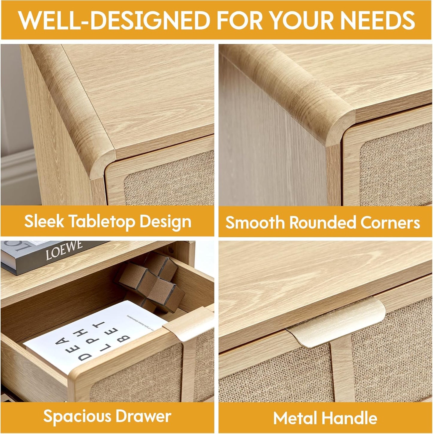 LEVNARY Nightstand with Charging Station, Mid-Century Modern Bedside Table with Curved Top Corners and Fabric-Like Textured Drawer, Wooden End Table for Farmhouse Bedroom Living Room (1, Natural)