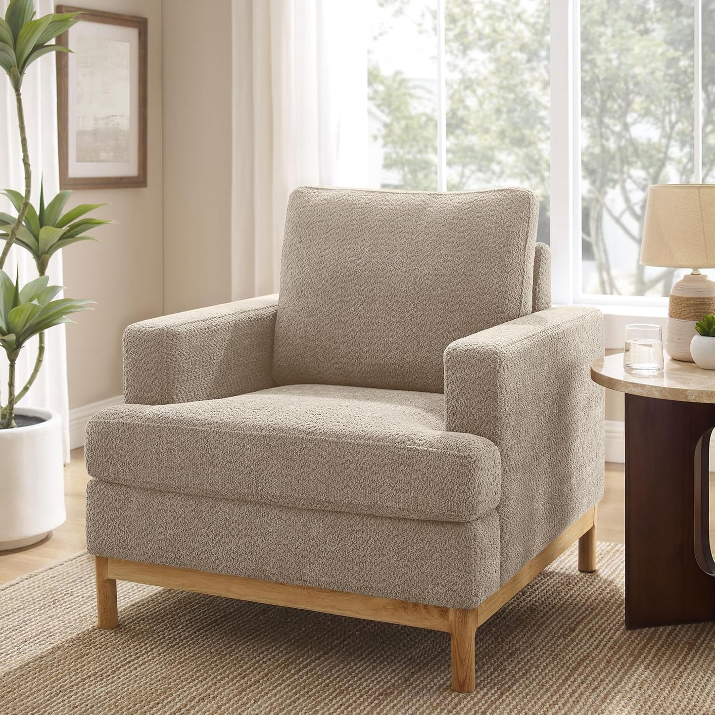 Oversized Accent Chair, Mid Century Modern Upholstered Armchair for Living Room, Comfy Chair for Bedroom Reading Chair, Single Sofa for Small Space with Rubberwood Base