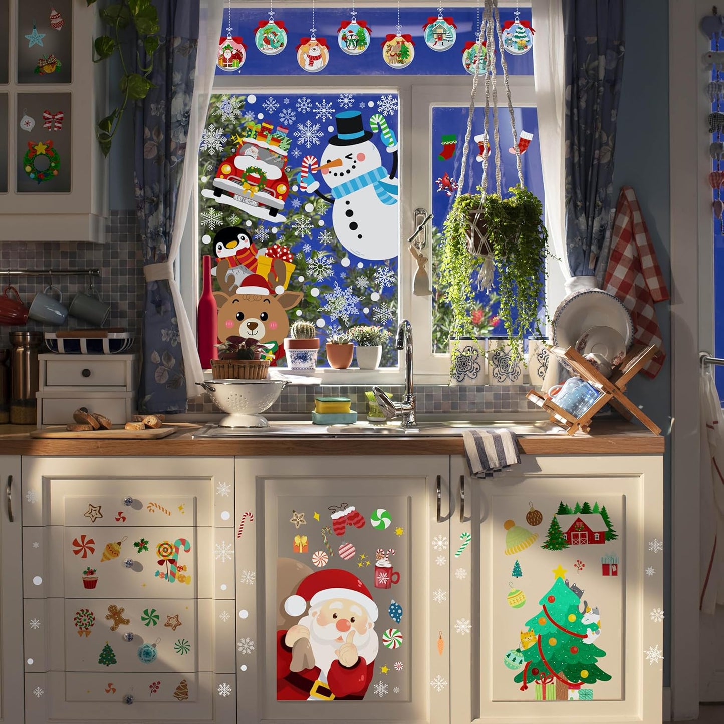 Christmas Window Clings - Christmas Large Window Stickers for Glass Window, Reusable Static Vinyl Double-Sided Winter Decals, Cute Snowflake Snowman Holiday Xmas Decorations, 197 PCS/9 Sheet