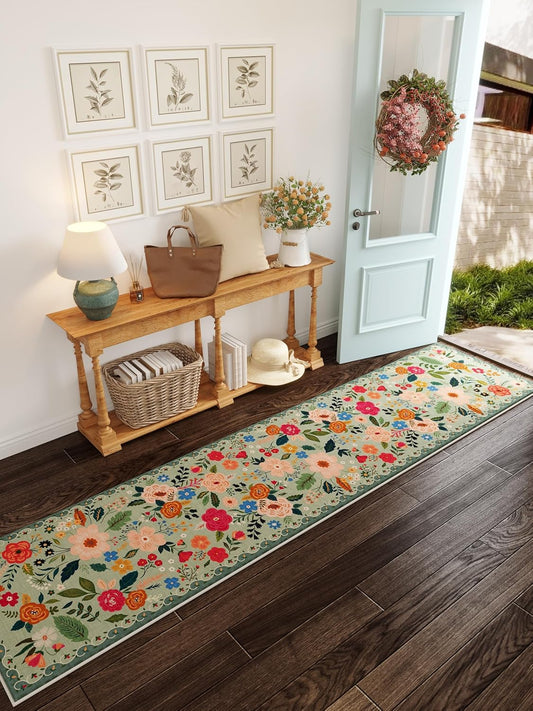 Runners for Hallways Kitchen Runner Rug Non Slip 2'x 10' Long Washable Rugs with Rubber Backing Soft Floral Carpet Runner for Hallways, Kitchen, Laundry, Bedroom, Bathroom(Green)