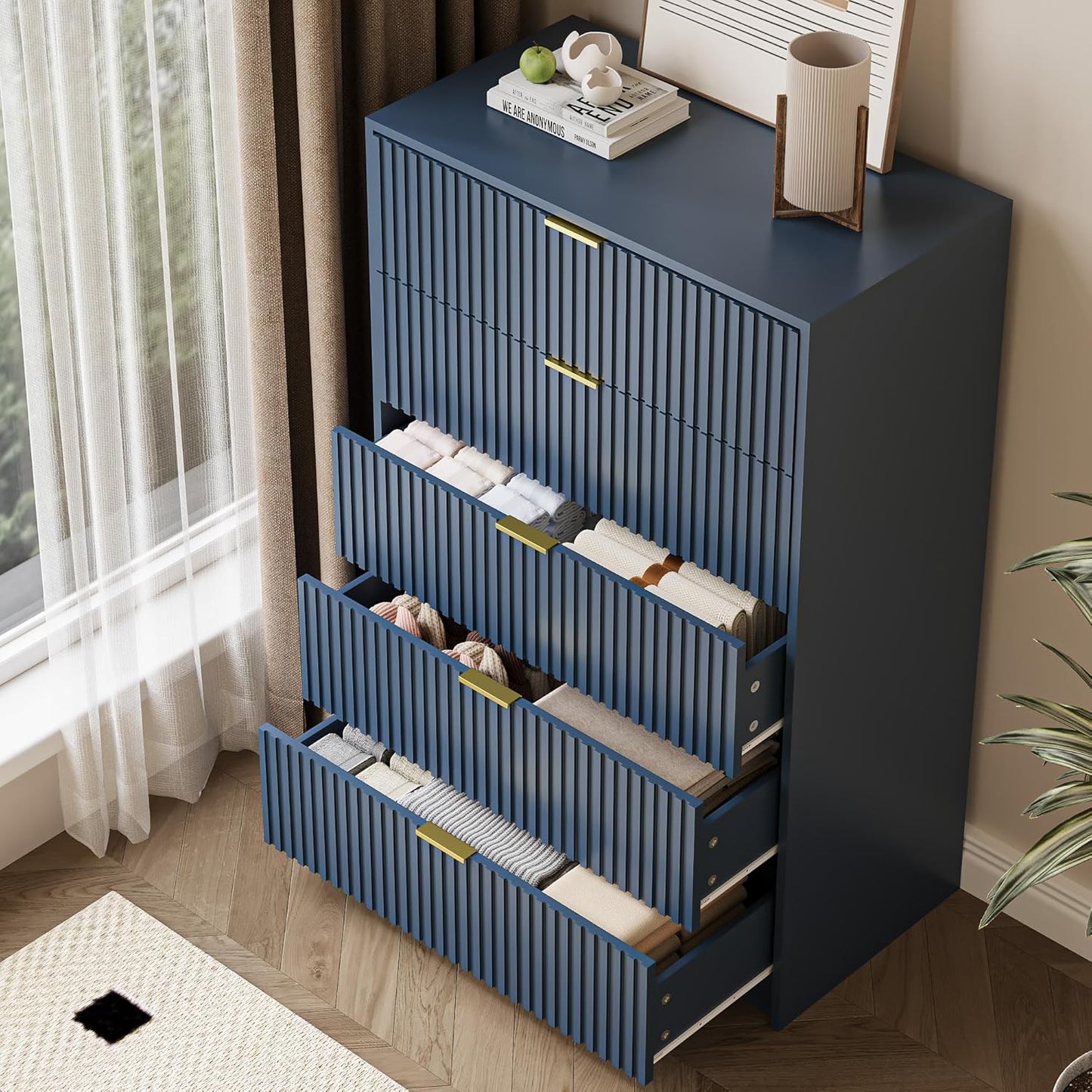 5 Drawer Dresser for Bedroom, Tall Dresser Chest of Drawers with Gold Handles, 32 Inch Wide Nightstand with for Bedroom, Living Rooms, Offices, and Entryways, Navy Blue