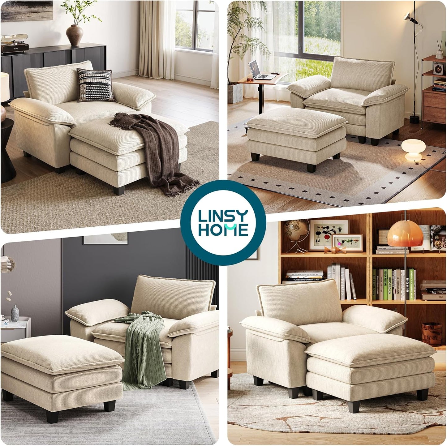 LINSY HOME Sofa Chair with Movable Ottoman - Corduroy Cloud Couch Chair Soft Comfy Modern Sofa Chaise Single Sleeper Chair Bed for Living Room Apartment Office, Beige