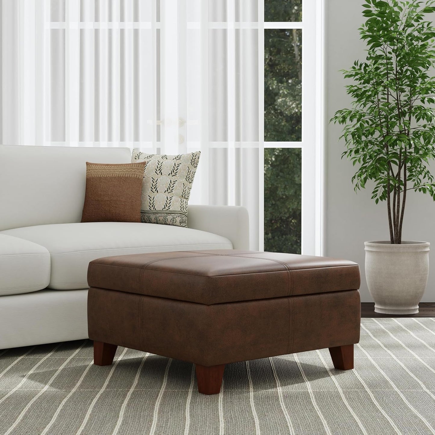 HomePop Home Decor |K2380-E910 | Luxury Large Faux Leather Square Storage Ottoman | Ottoman with Storage for Living Room & Bedroom, Brown Faux Leather