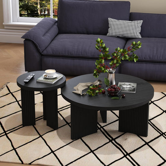 Nesting Coffee Table Set of 2, Modern Wooden Coffee Table with Smooth Thick Design, Circle Tea Table and End Table Set, Accent Center Tables for Living Room, Office, Black