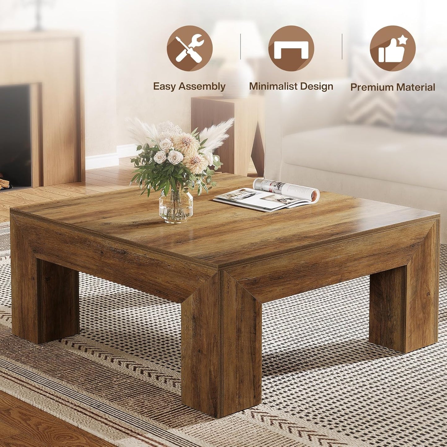 Tribesigns 39.4-Inch Square Coffee Table for Living Room, Farmhouse All MDF Accent Center Cocktail Table with Sturdy Wooden Legs, Easy Assembly, Rustic Brown