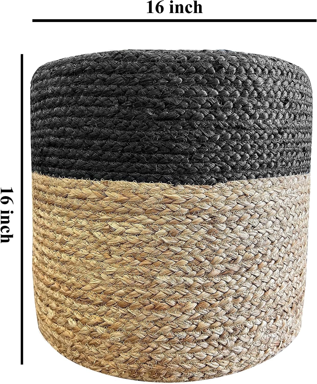 Jute Pouf Ottoman | Footrest Pouf | Hand Braided - Round Boho Pouffe - for Living Room, Bedroom, Nursery (16"x16"x16") Black