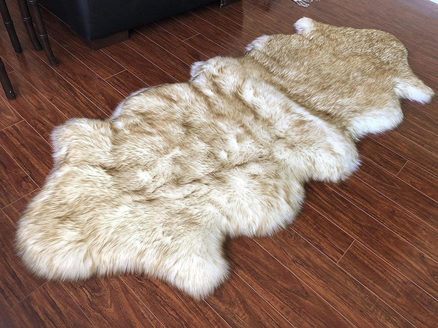 LAMBZY Faux Sheepskin Hypoallergenic Free Shape Silky Shag Rug, Luxury Shaggy Silky Plush Carpet for Bedrooms Rugs Living Room Sofa Floor Rugs (Double 2'x6', 60x180cm White with Brown Tips)
