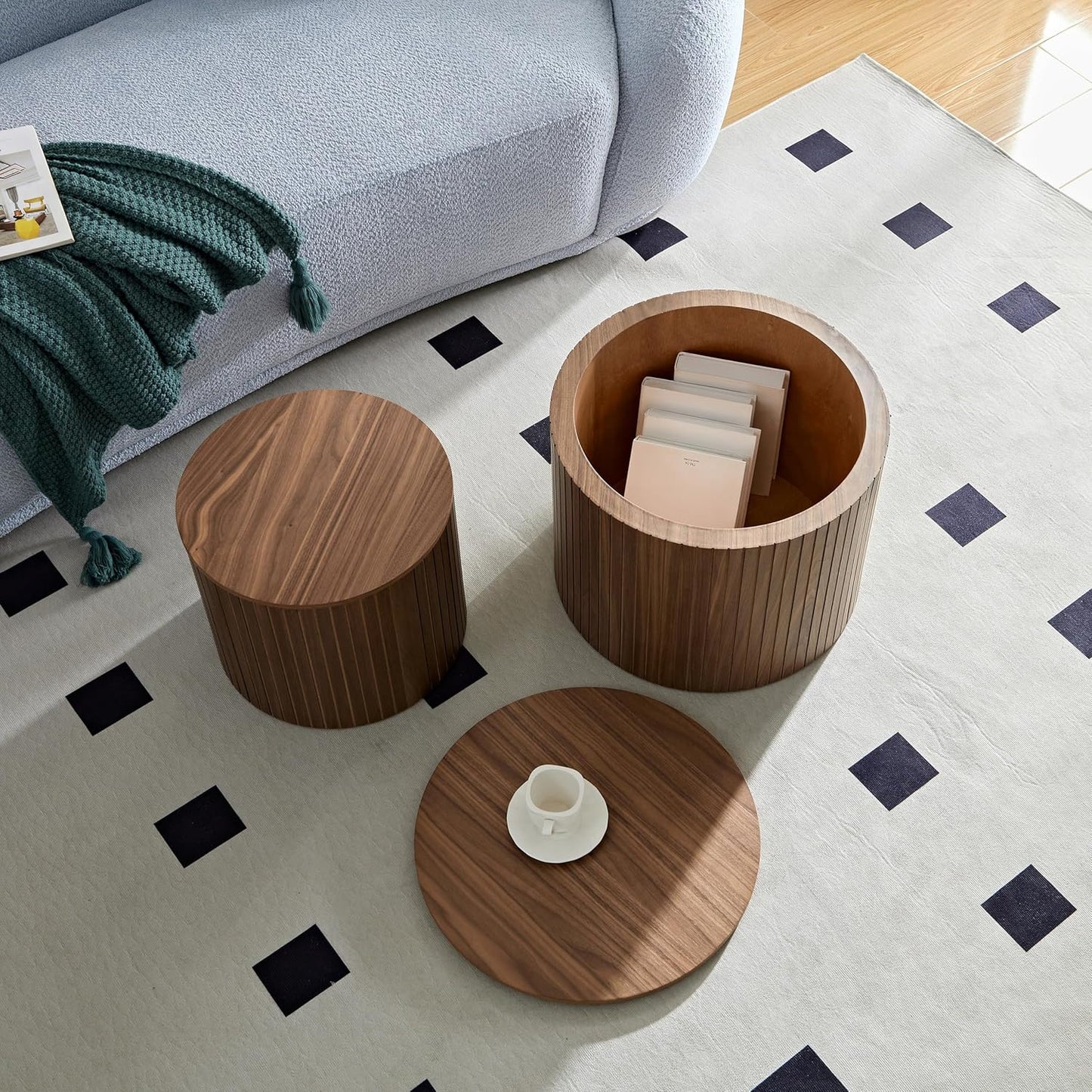 Round Coffee Table with Storage,19.17" Nesting Coffee Table Set of 2, Modern Accent End Table Set for Living Room, No Assembling, Side Table for Apartment,Office,Dorm (Walnut)