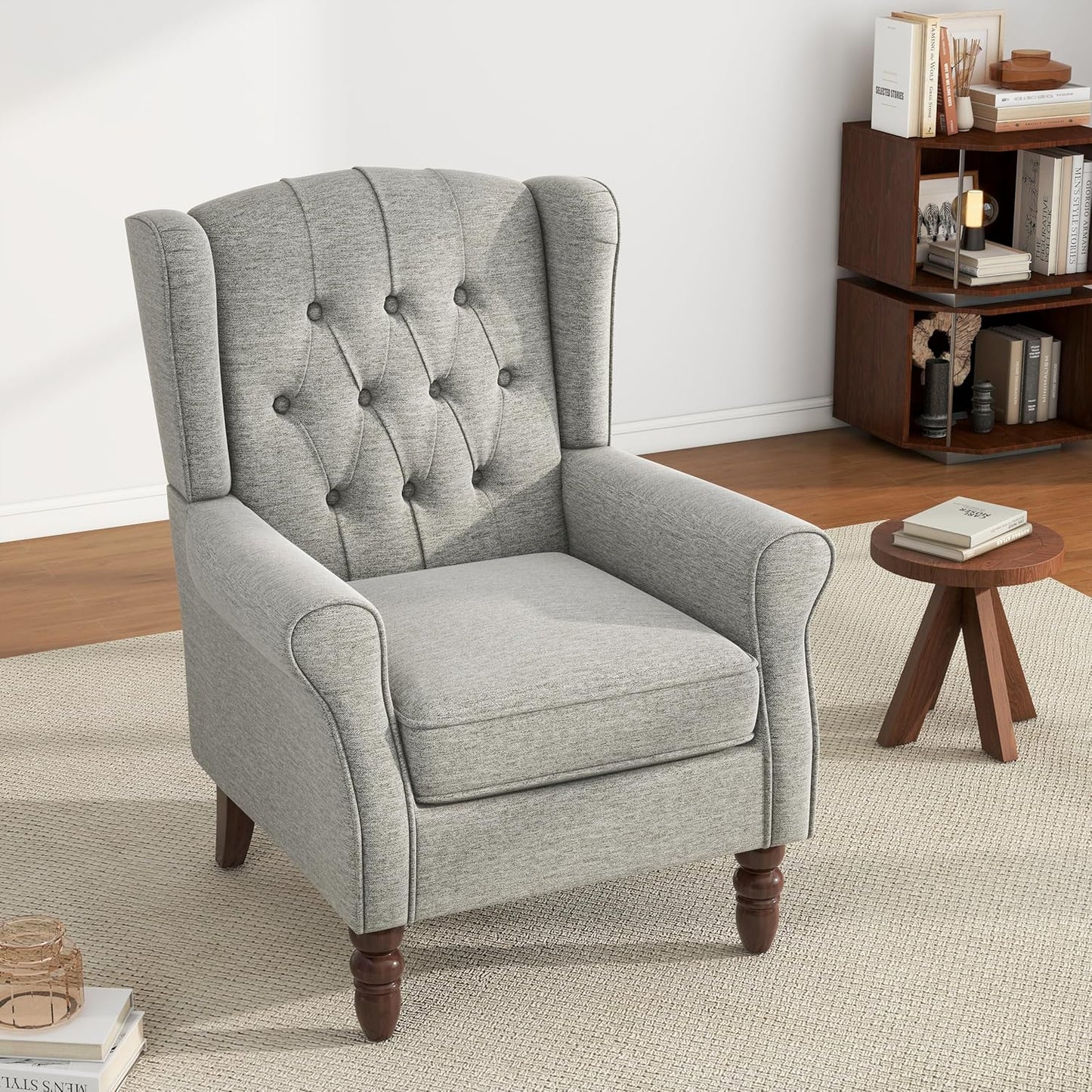 UIXE High Back Accent Chair, Upholstered Armchair in Fabric, Retro Wingback Arm Chair for Living Room, Comfy Single Sofa Bedroom Reading Seat with Solid Wood Legs - Light Gray