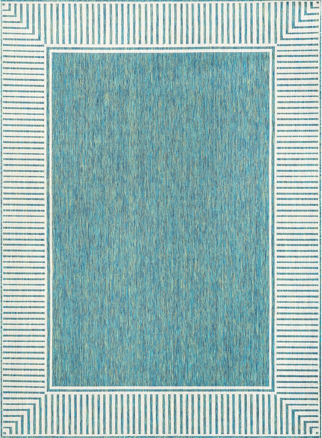nuLOOM 4' x 6' Outdoor Area Rug, Casual Design With Striped Border, Stain Resistant, Highly Durable, For Patio, Balcony, Bedroom, Living Room, Dining Room, Bathroom, Teal